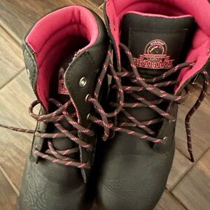 Brahma Black Work Boots with Pink Lining and Pink-Striped Laces